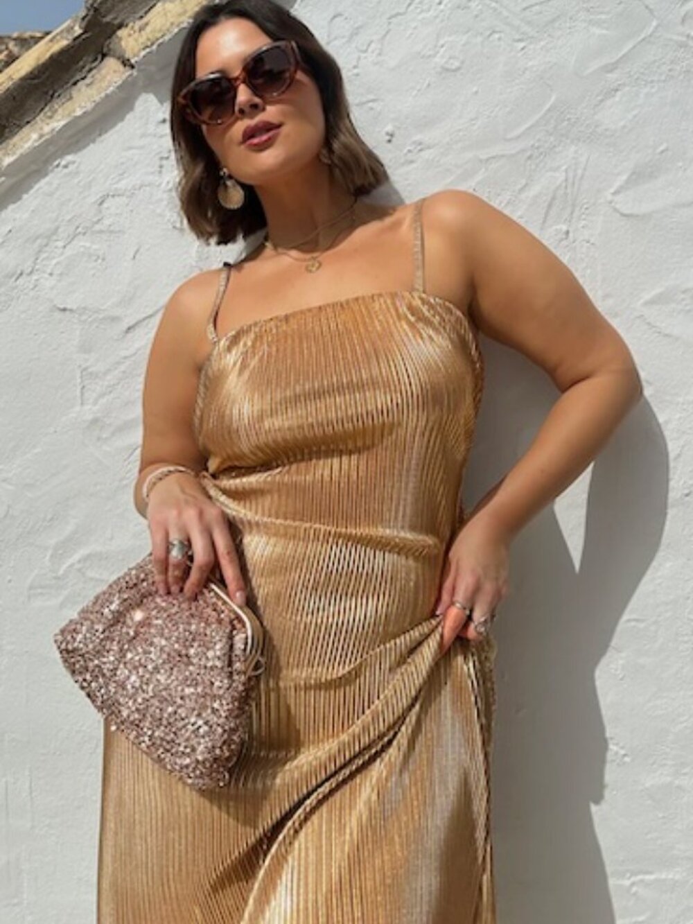 Never Fully Dressed Metallic Strapless Pleated Maxi Dress in Gold